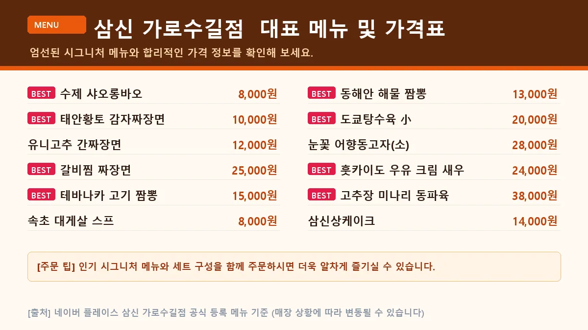 대표 메뉴 및 가격 안내*