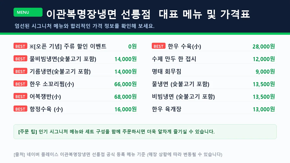강남구 냉면 이관복명장냉면 선릉점 대표 메뉴판 가격표