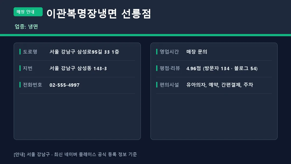 강남구 냉면 이관복명장냉면 선릉점 위치 영업시간 전화번호 정보 요약