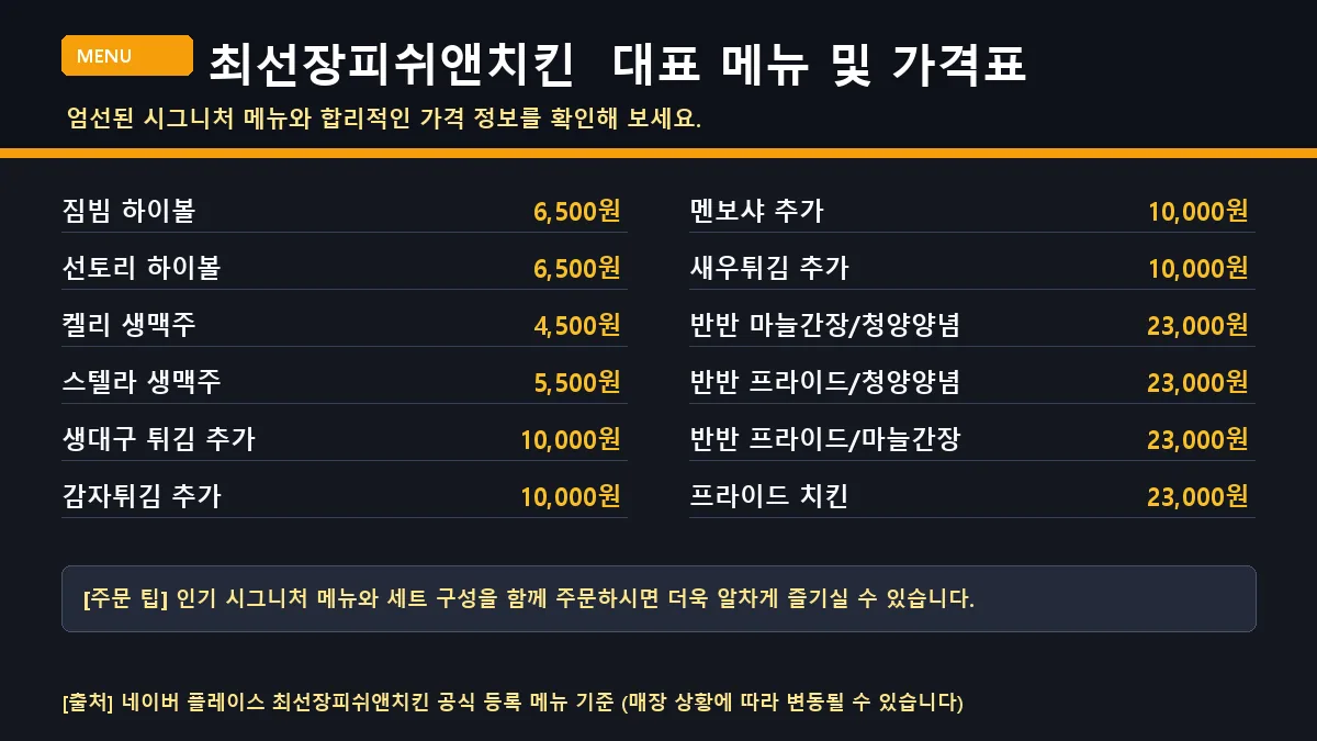 포항시 치킨 최선장피쉬앤치킨 대표 메뉴판 가격표