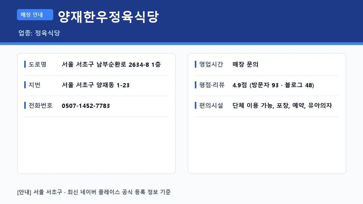 양재한우정육식당의 위치와 주요 편의시설 요약 정보