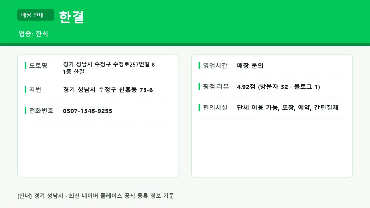 성남시 한식 한결 위치 영업시간 전화번호 정보 요약