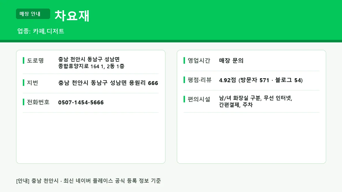 천안시 카페 차요재 위치 영업시간 전화번호 정보 요약
