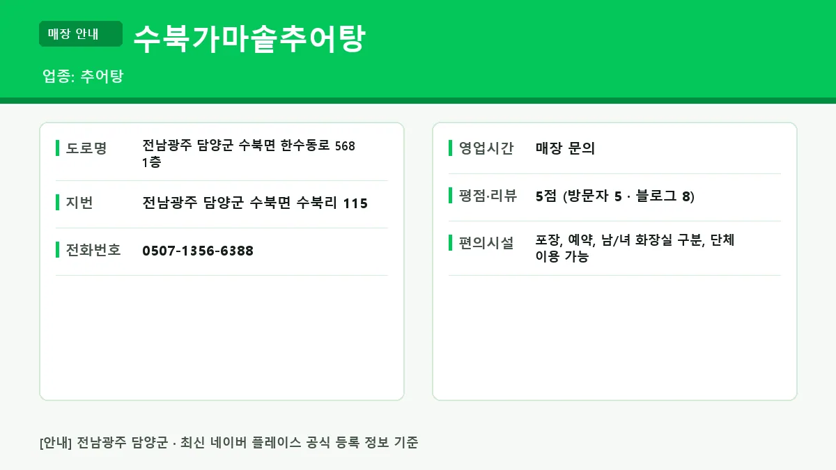 담양군 추어탕 수북가마솥추어탕 위치 영업시간 전화번호 정보 요약