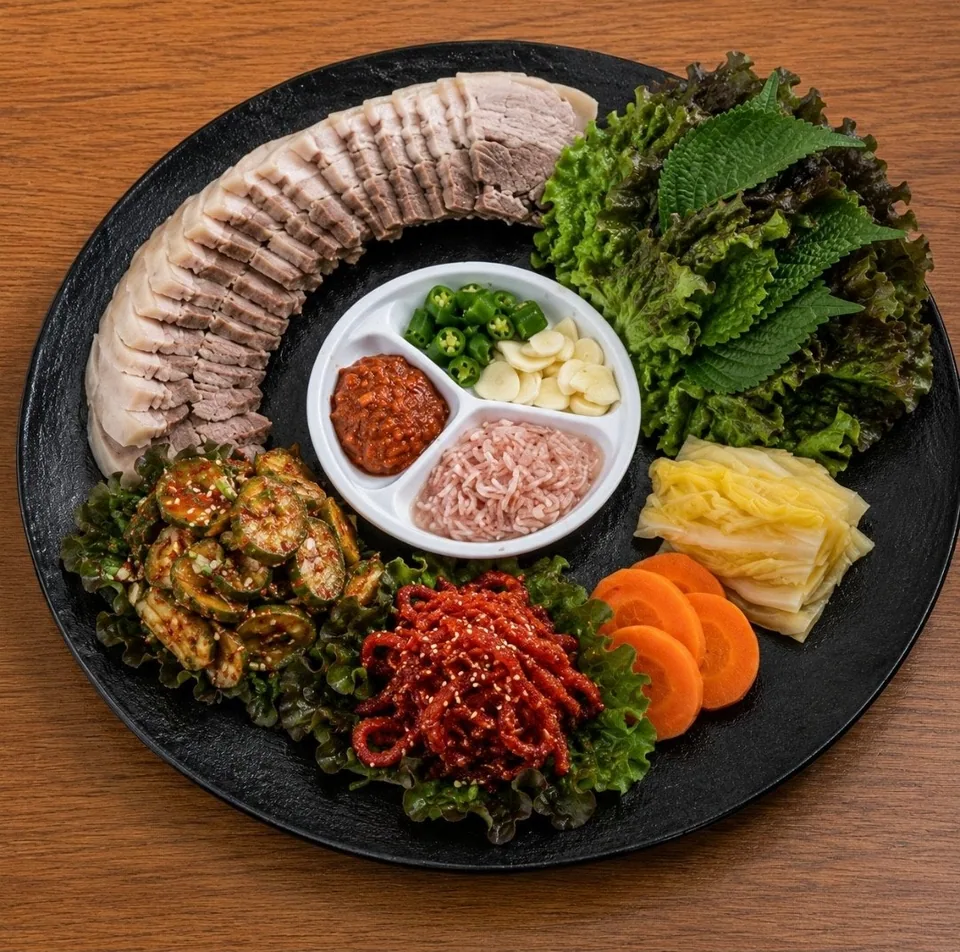 원주시 막국수 메밀담의 푸짐한 수육과 쌈 채소 구성