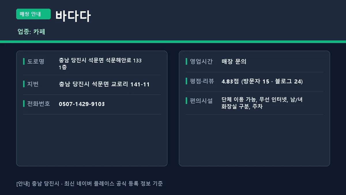 당진시 카페 바다다의 상세 위치 및 전화번호 정보 요약