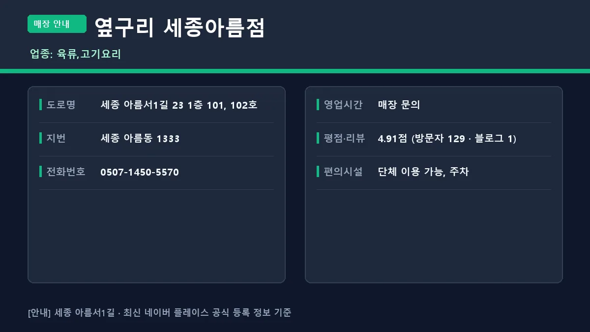아름서1길 육류 옆구리 세종아름점 위치 영업시간 전화번호 정보 요약