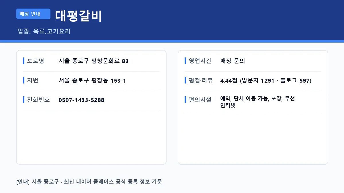 종로구 육류 대평갈비 위치 영업시간 전화번호 정보 요약