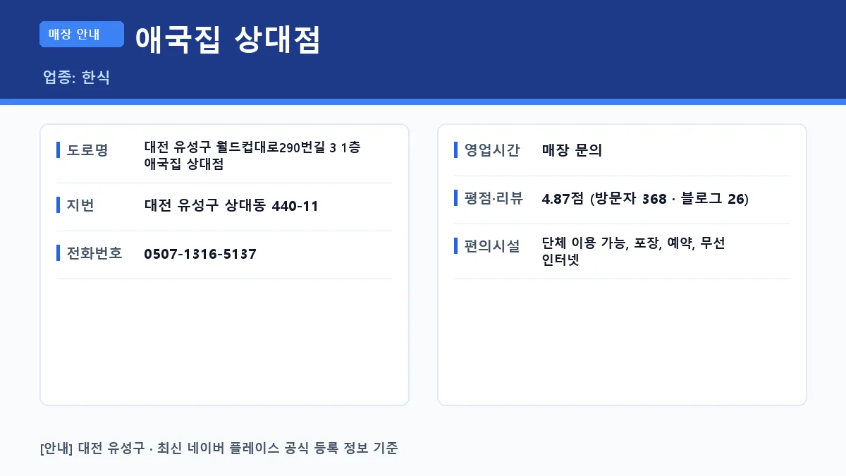 유성구 한식 애국집 상대점 위치 영업시간 전화번호 정보 요약