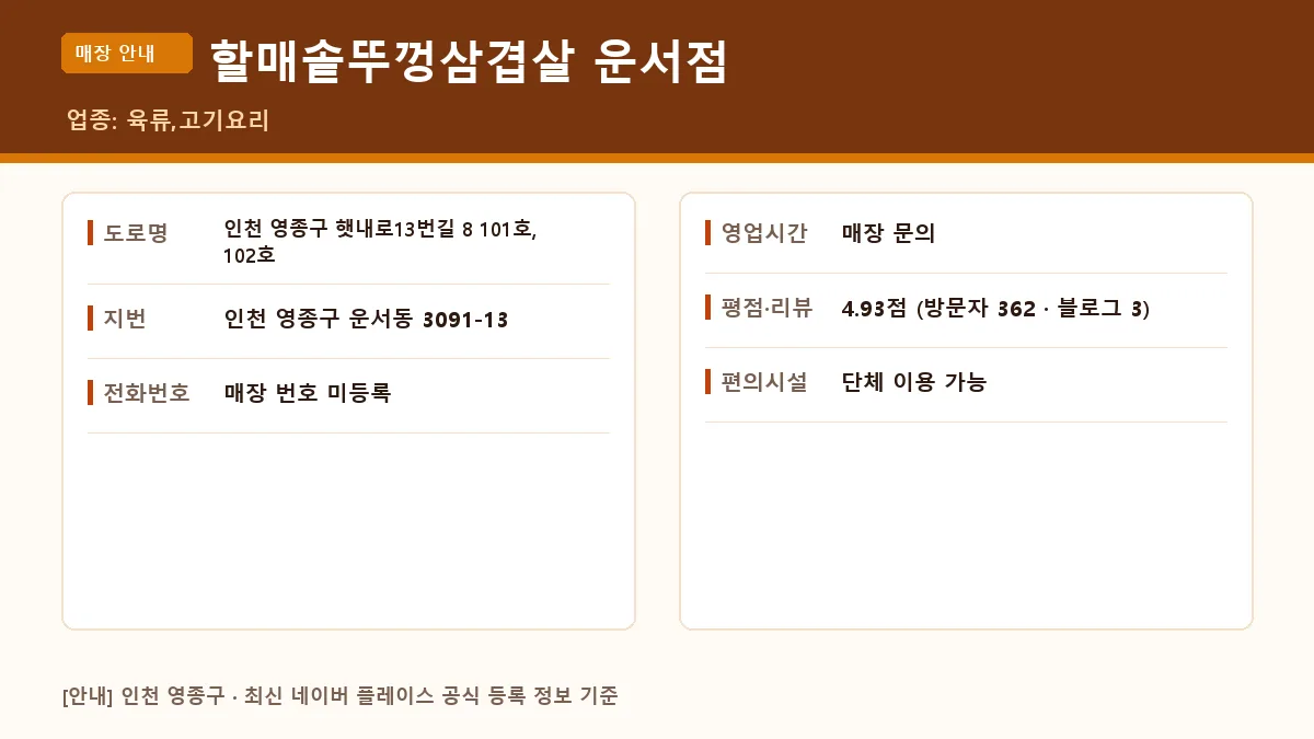영종구 육류 할매솥뚜껑삼겹살 운서점 위치 영업시간 전화번호 정보 요약