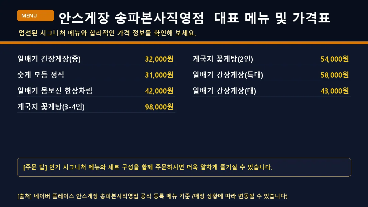 송파구 게요리 안스게장 송파본사직영점 대표 메뉴판 가격표