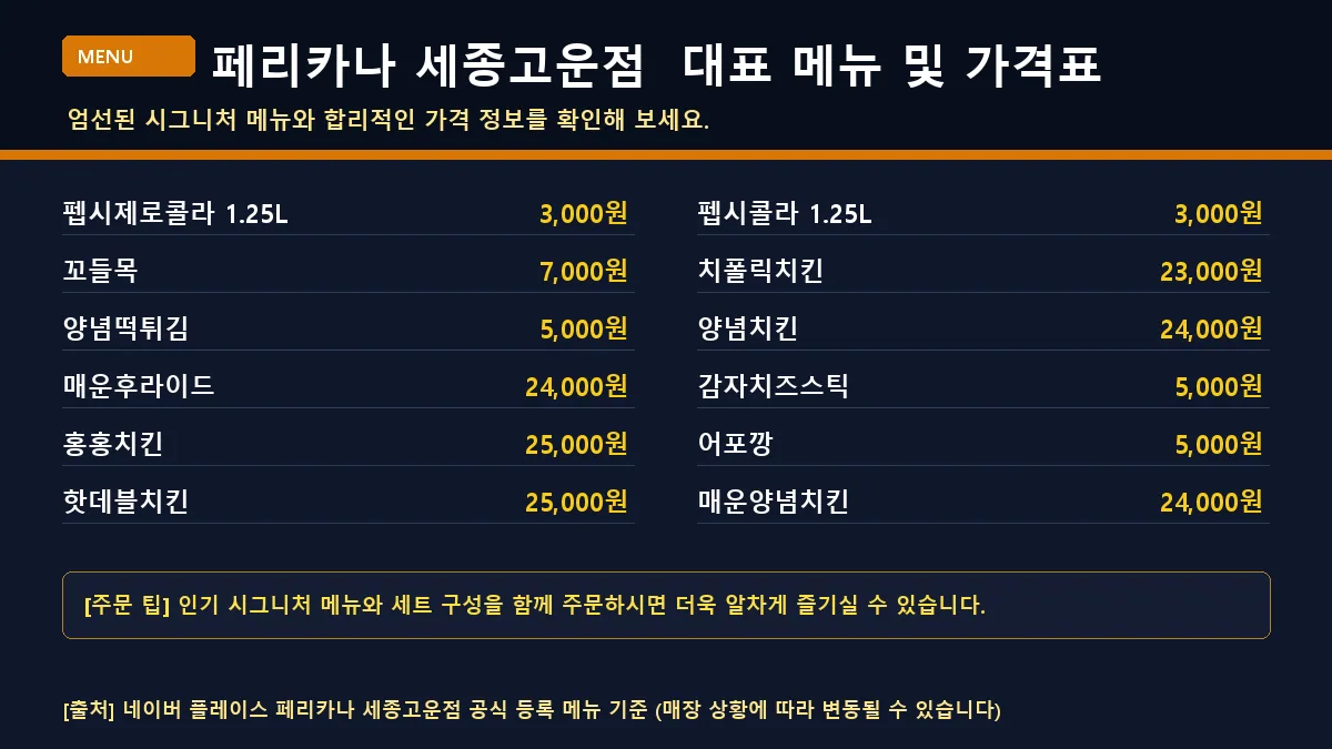 마음로 치킨 페리카나 세종고운점 메뉴판
