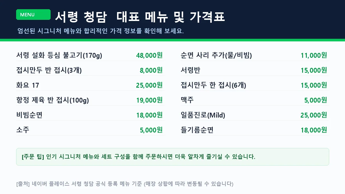 강남구 냉면 서령 청담의 대표 메뉴판