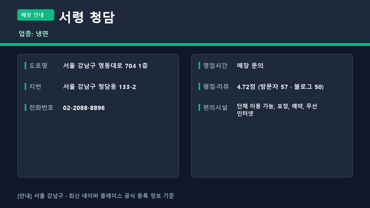강남구 냉면 서령 청담의 정보 요약 카드
