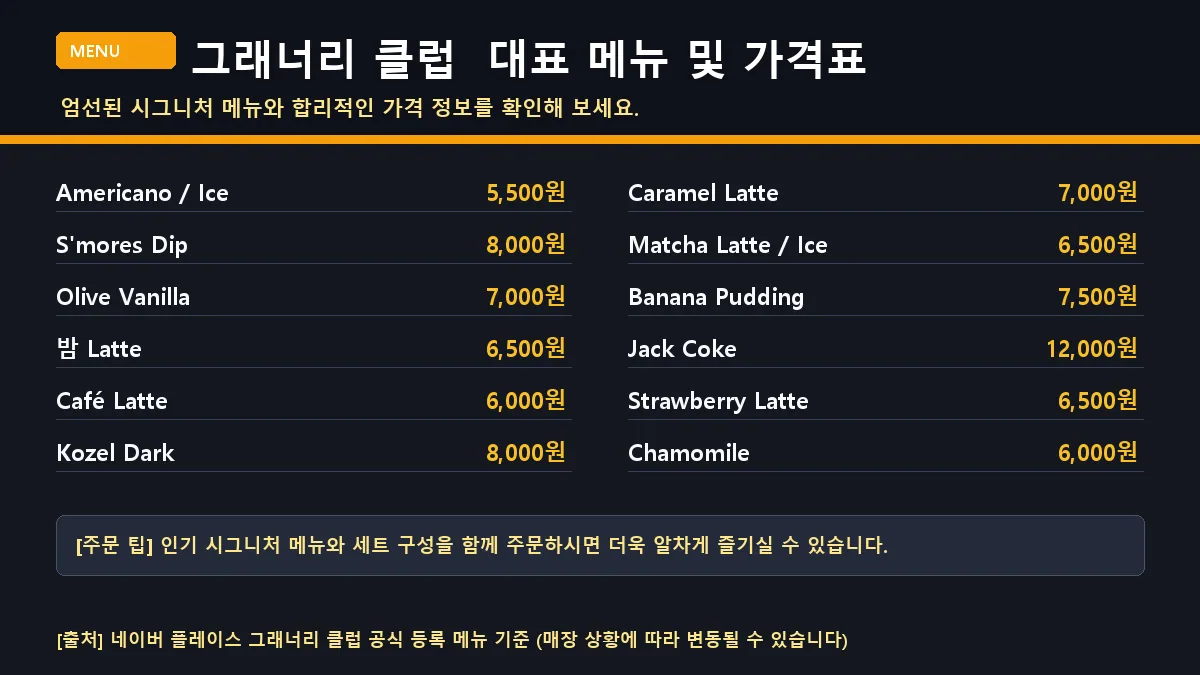 천안시 카페 그래너리 클럽 대표 메뉴판 가격표