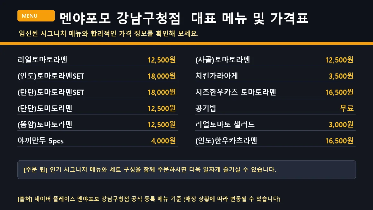 강남구 일본식라면 멘야포모 강남구청점 대표 메뉴판 가격표