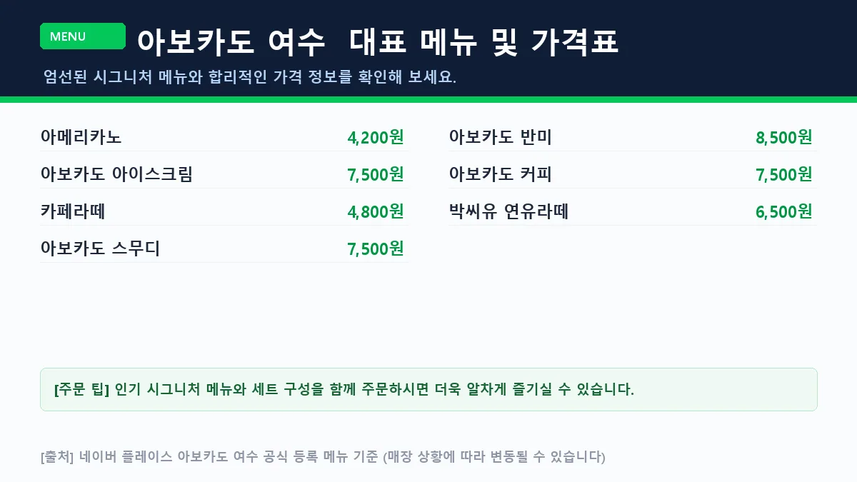 여수시 카페 아보카도 여수 대표 메뉴판 가격표