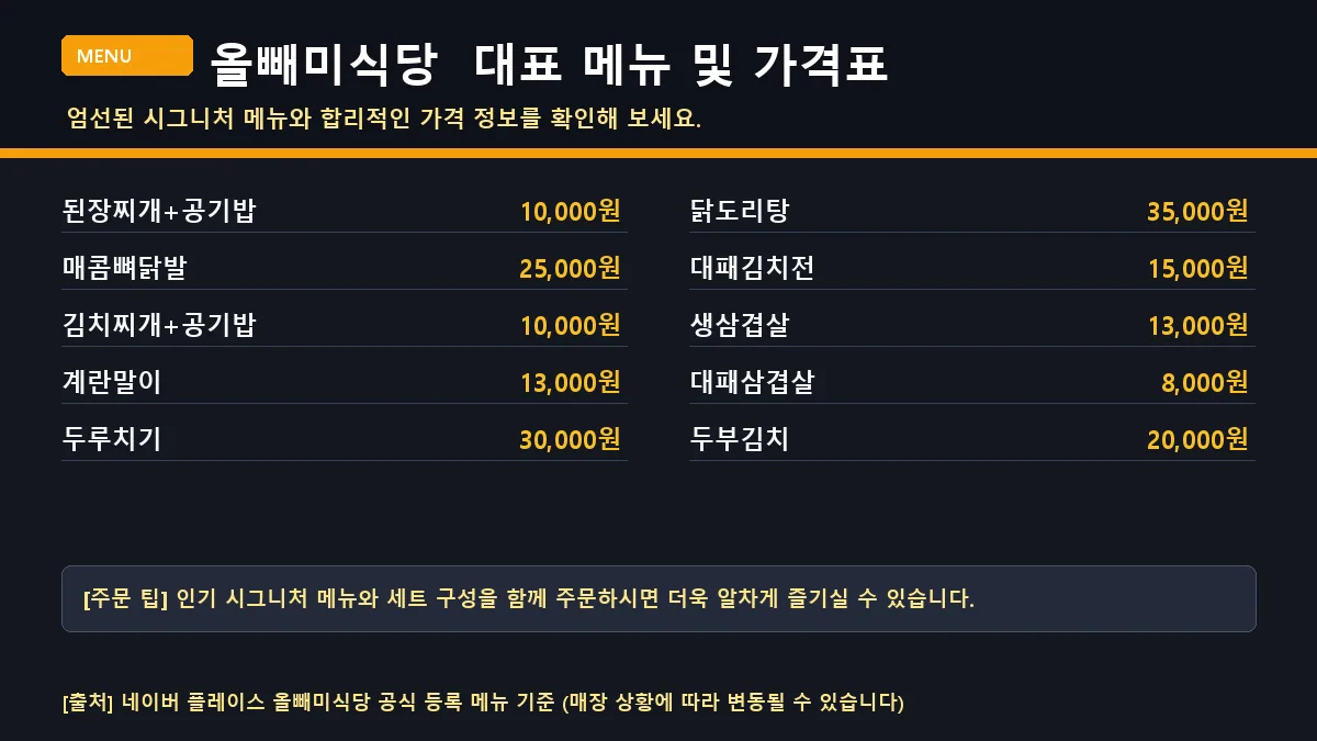 광양시 한식 올빼미식당의 주요 메뉴와 가격이 정리된 메뉴판