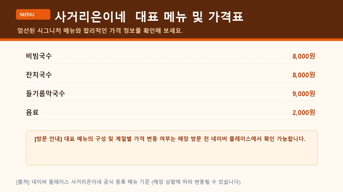 사거리은이네 대표 메뉴판 가격표