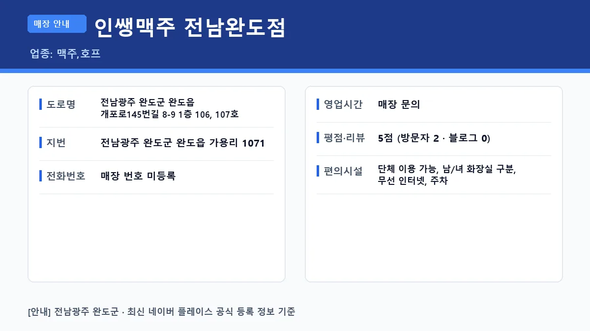 완도군 맥주 인쌩맥주 전남완도점 위치 영업시간 전화번호 정보 요약