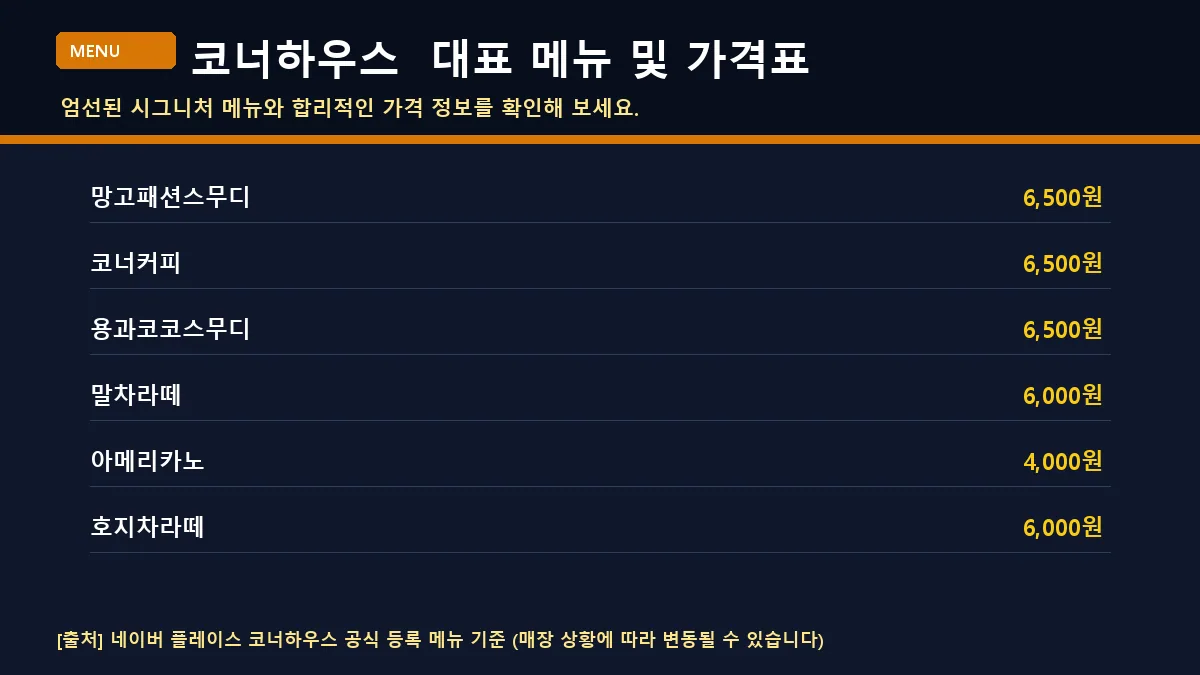 광양시 베이커리 코너하우스의 메뉴판 안내