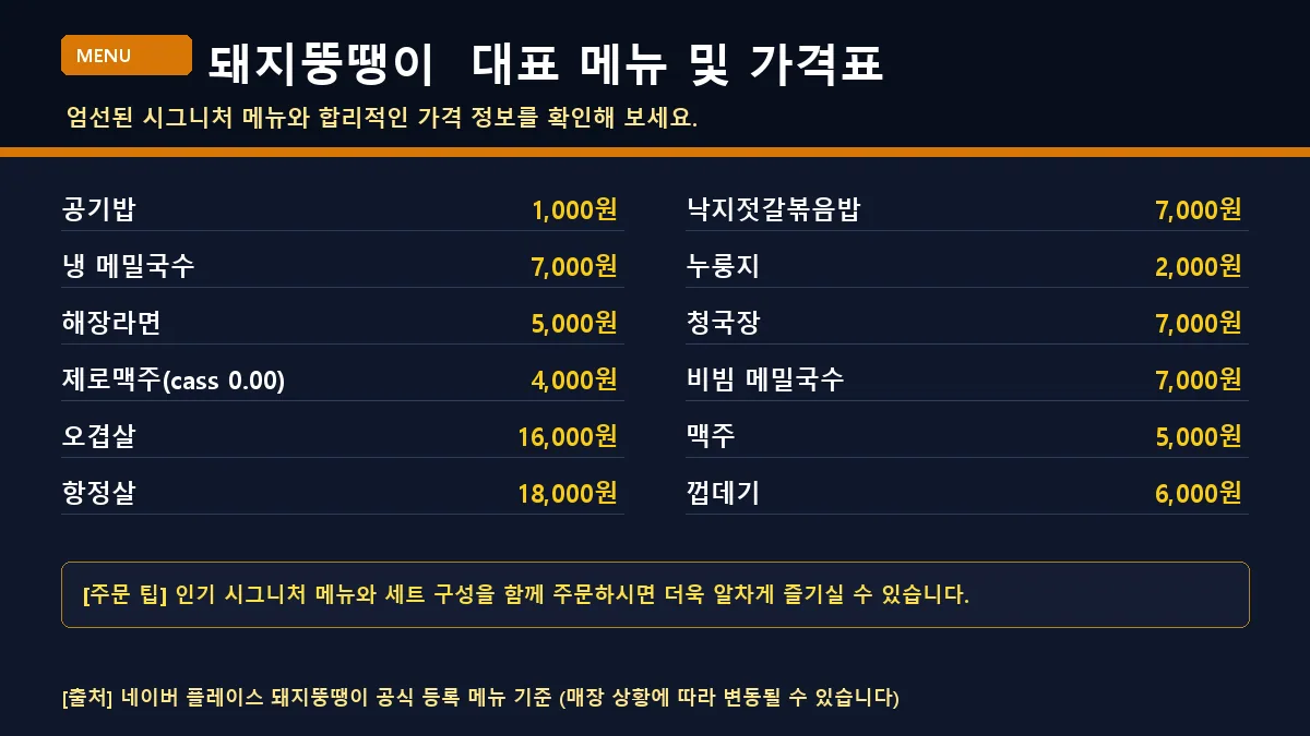 목포시 돼지고기구이 돼지뚱땡이 대표 메뉴판 가격표