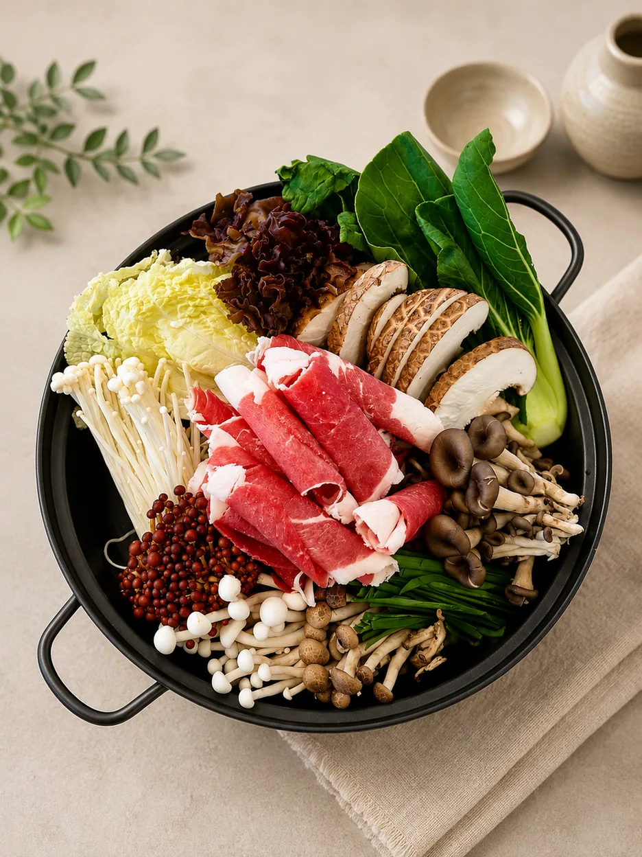 장흥군 찌개 전골부엌 차돌박이와 신선한 야채가 담긴 전골 사진