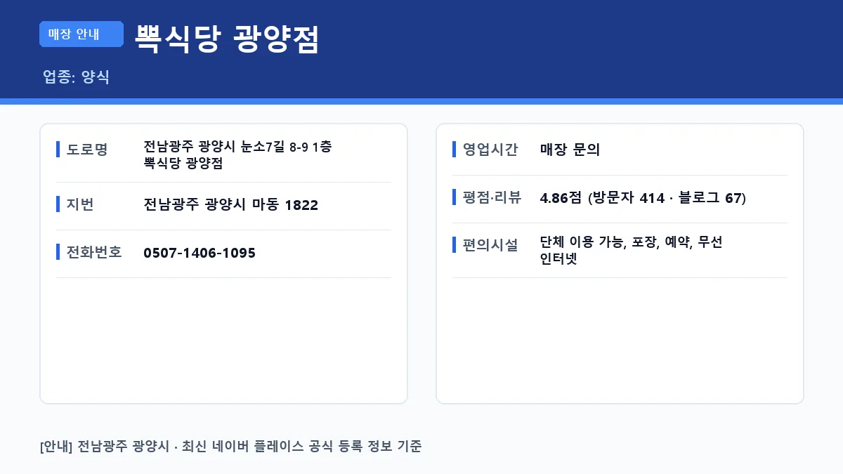 광양시 양식 뽁식당 광양점 위치 영업시간 전화번호 정보 요약