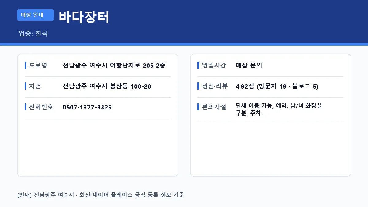 여수시 한식 바다장터 위치 영업시간 전화번호 정보 요약