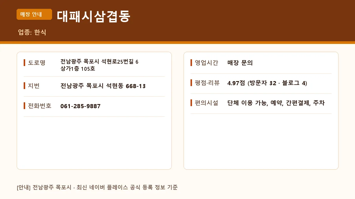 대패시삼겹동의 위치와 영업 정보가 요약된 안내 카드