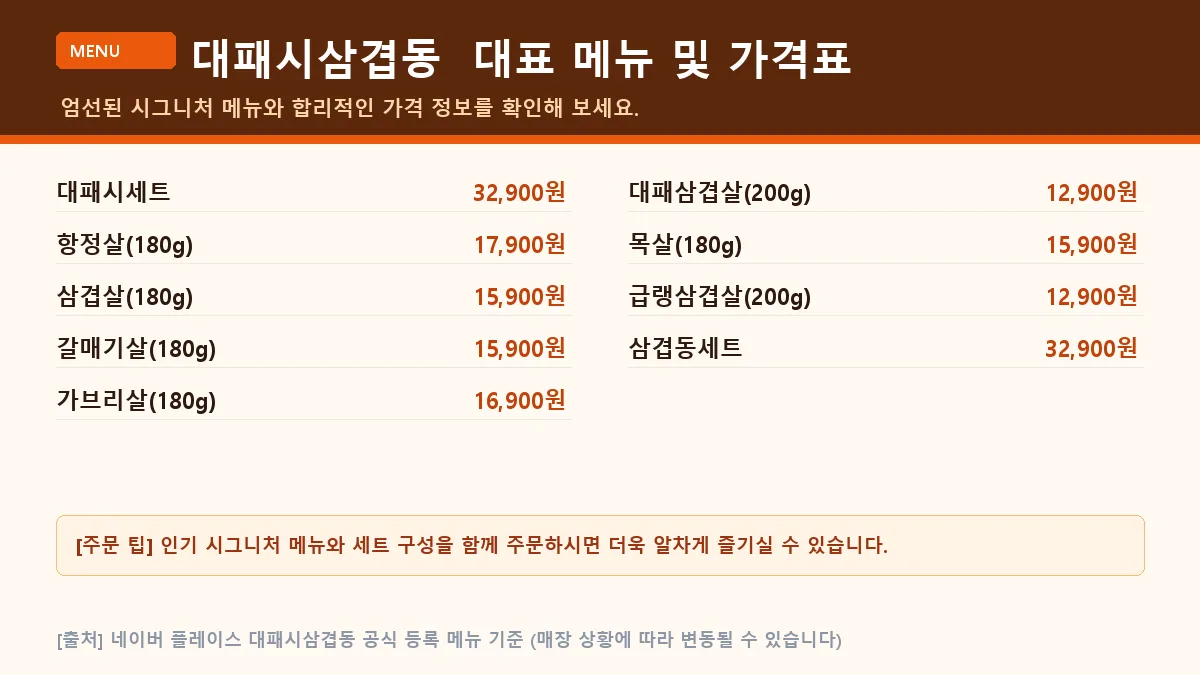 대패시삼겹동의 주요 메뉴와 가격이 적힌 메뉴판