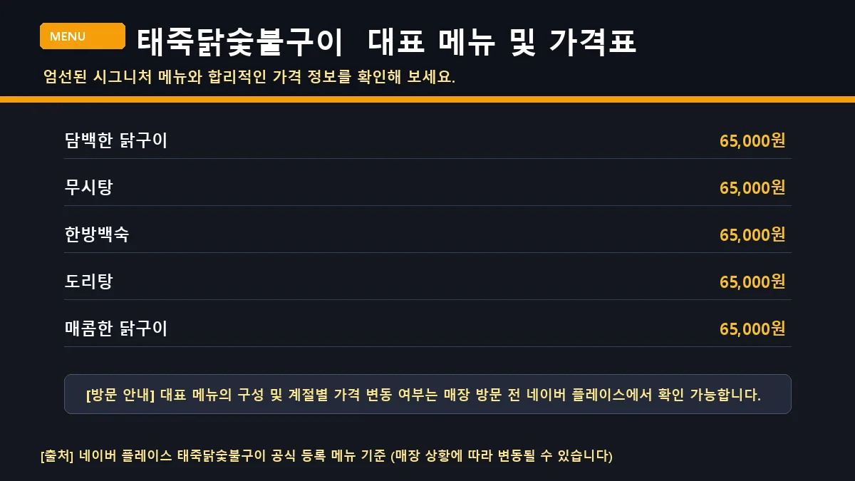 광양시 닭요리 태죽닭숯불구이 대표 메뉴판 가격표