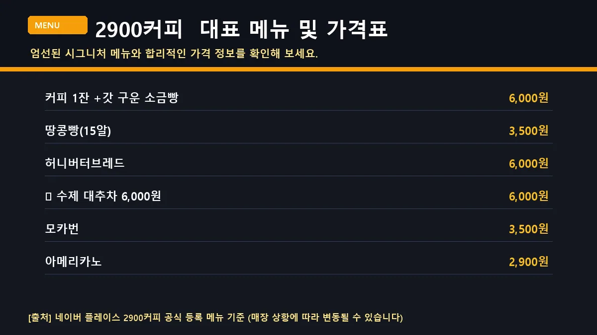 북구 카페 2900커피의 주요 메뉴 및 가격표