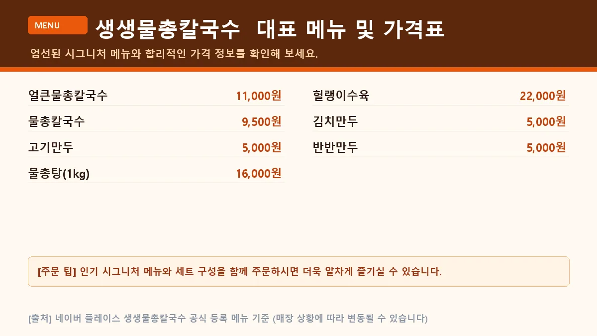 해남군 칼국수 생생물총칼국수 대표 메뉴판 가격표