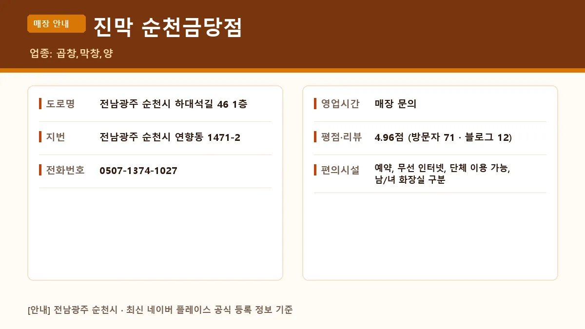 순천시 곱창 진막 순천금당점 위치 영업시간 전화번호 정보 요약