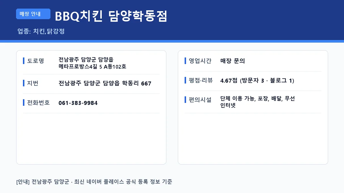담양군 치킨 BBQ치킨 담양학동점 위치 영업시간 전화번호 정보 요약